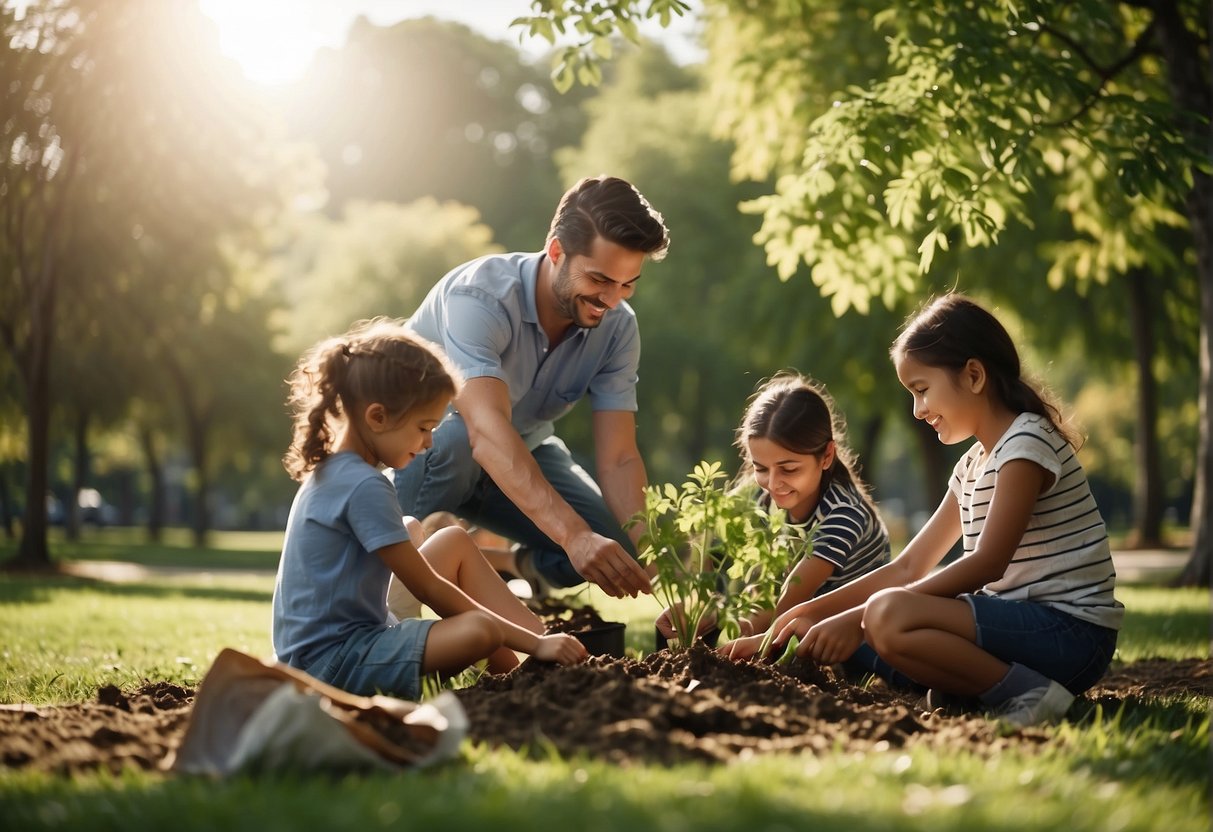 Families planting trees and picking up trash in a sunny park. Smiling faces and teamwork