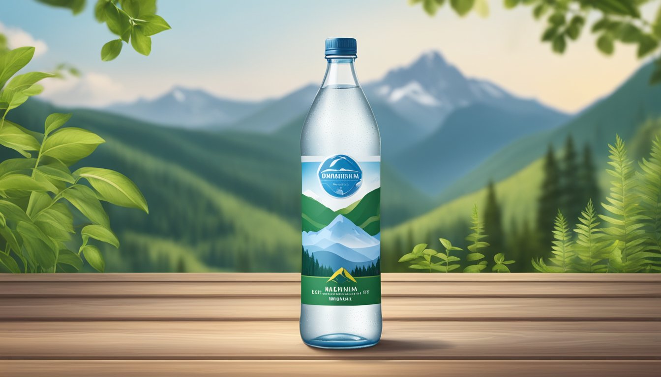 A clear glass bottle of German mineral water sits on a wooden table, surrounded by greenery and a mountainous backdrop. The label proudly displays the brand name and logo, symbolizing health and regulation