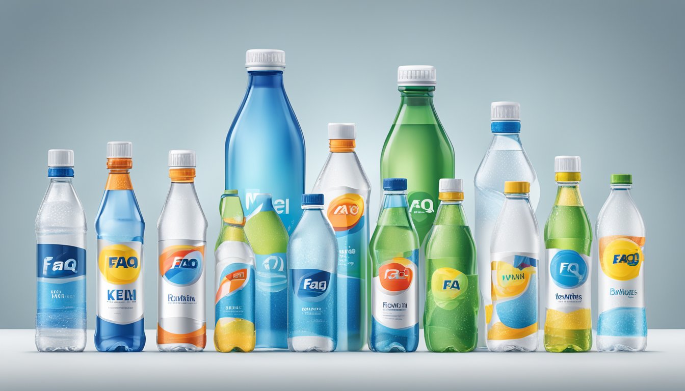 Bottles of German water brands arranged with FAQ signage in a modern, minimalist setting