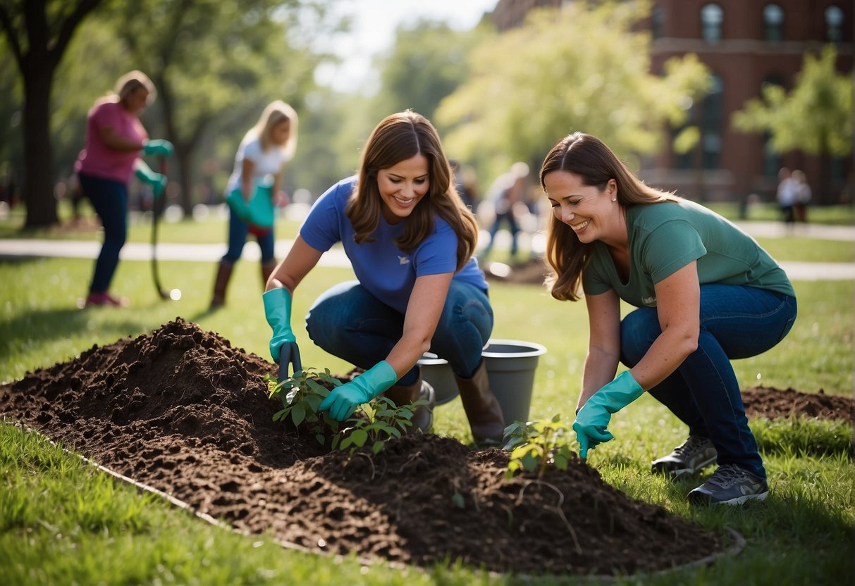 Families planting trees and cleaning up parks in St. Louis. Smiling faces and teamwork