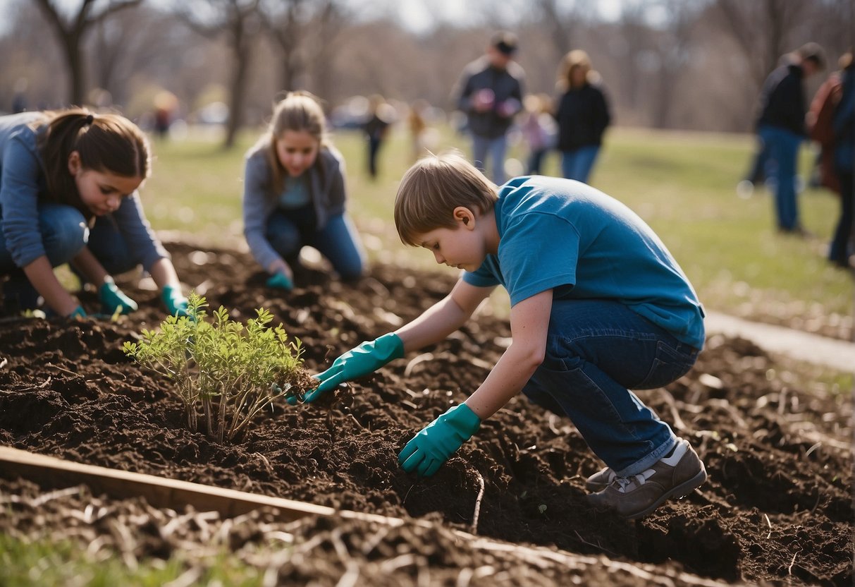 Families planting trees and cleaning up parks in Kansas City for spring break volunteering