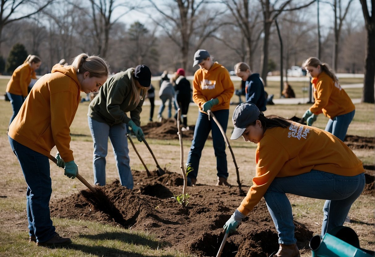 A group of volunteers plant trees and clean up a park in Missouri for spring break