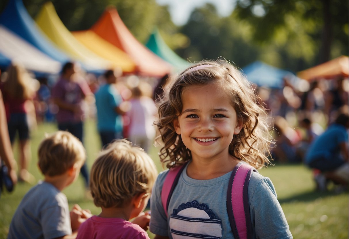 A colorful festival scene with families participating in various activities like face painting, arts and crafts, and enjoying live music and performances in a park setting
