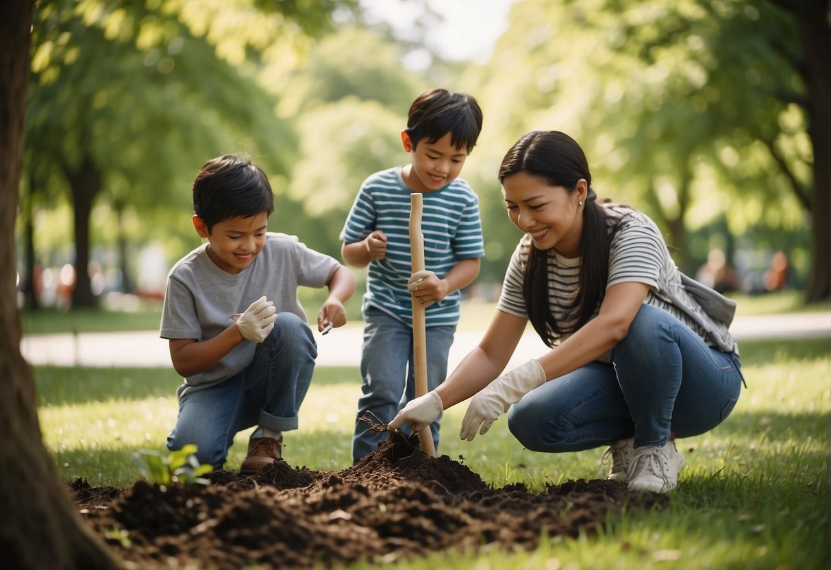 A group of families gather in a park, planting trees and cleaning up litter. Children play and laugh as parents work together to improve their community