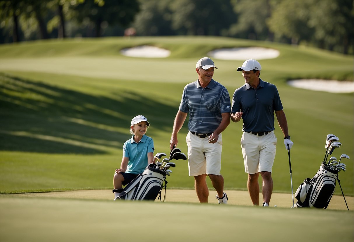 A family enjoying a round of golf on a lush, rolling green course in Missouri on a sunny spring day