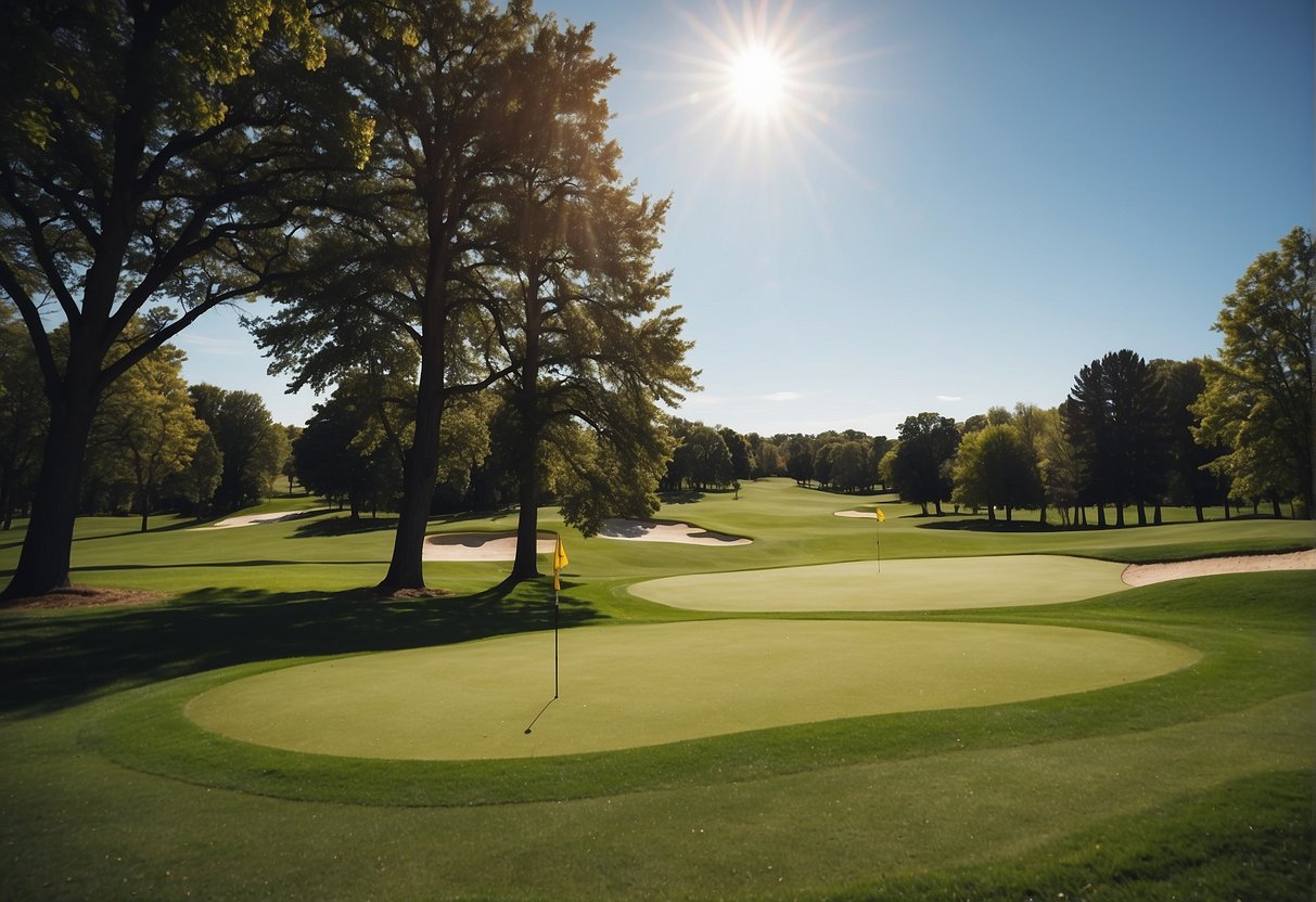 A sunny golf course in Missouri with lush green fairways, tall trees, and a clear blue sky. Families enjoy amenities like a clubhouse, playground, and picnic area