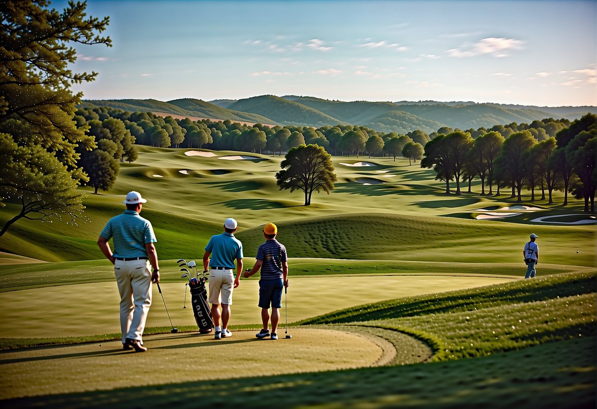 A sunny golf course with rolling green hills, a clear blue sky, and families playing together. Flags mark the holes, and golfers of all ages enjoy the beautiful Missouri spring weather