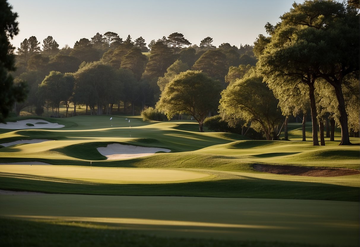 A lush green golf course with rolling hills, water hazards, and sand traps. Trees line the fairways, and a clubhouse sits in the distance