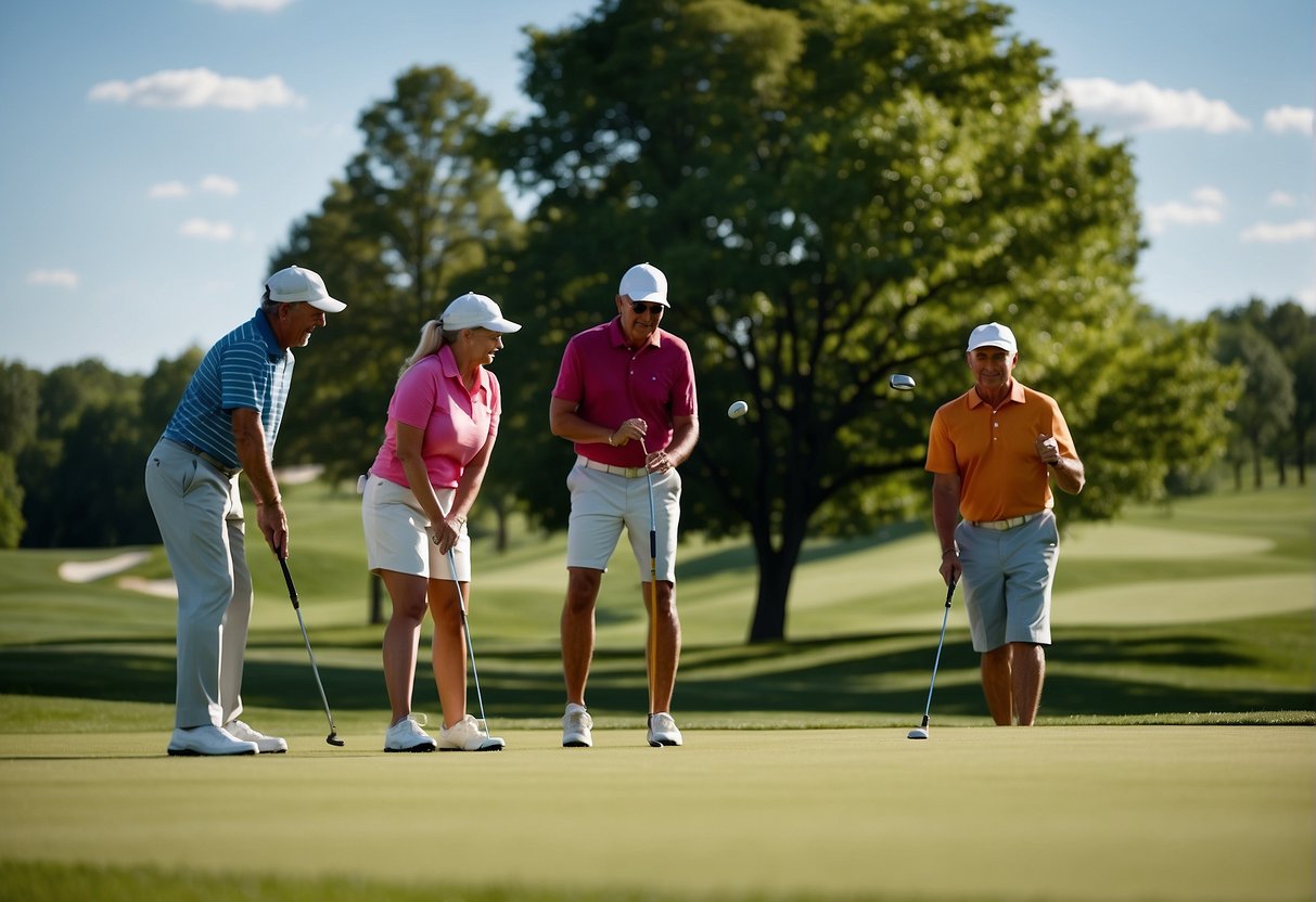 A sunny golf course in Missouri with rolling green hills, lush trees, and a clear blue sky. A family of golfers teeing off on a beautifully manicured fairway