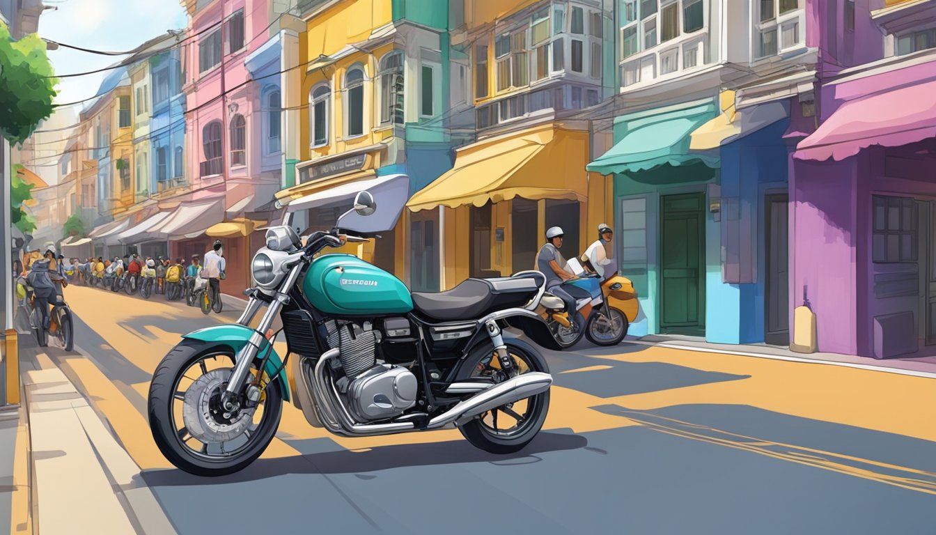 A motorbike parked in a bustling Singapore street, surrounded by colorful buildings and busy traffic