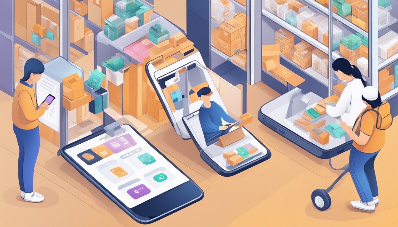 A person in Singapore uses a smartphone to browse and select items on the Taobao app, then enters their shipping address and payment details to complete the purchase