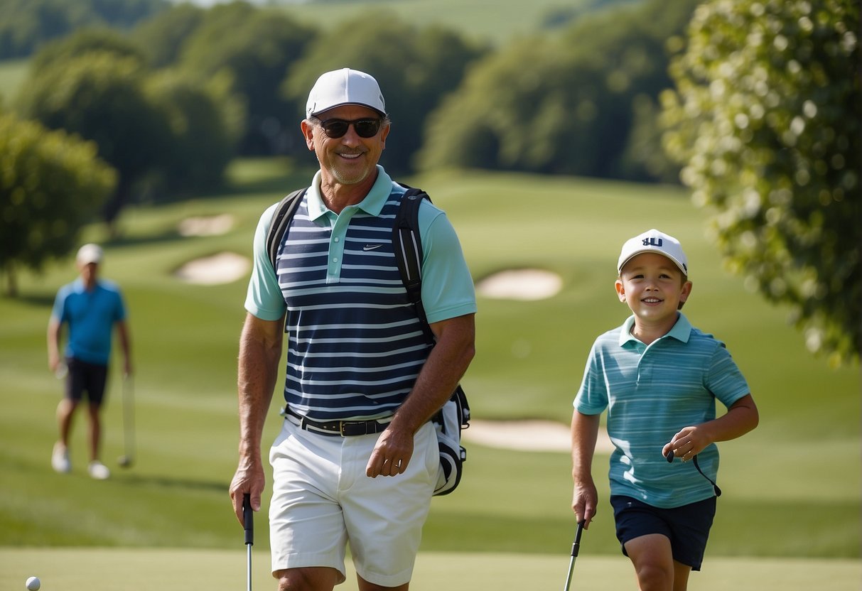 A lush green golf course in Missouri with rolling hills, a clear blue sky, and families enjoying a round of golf on a sunny spring day
