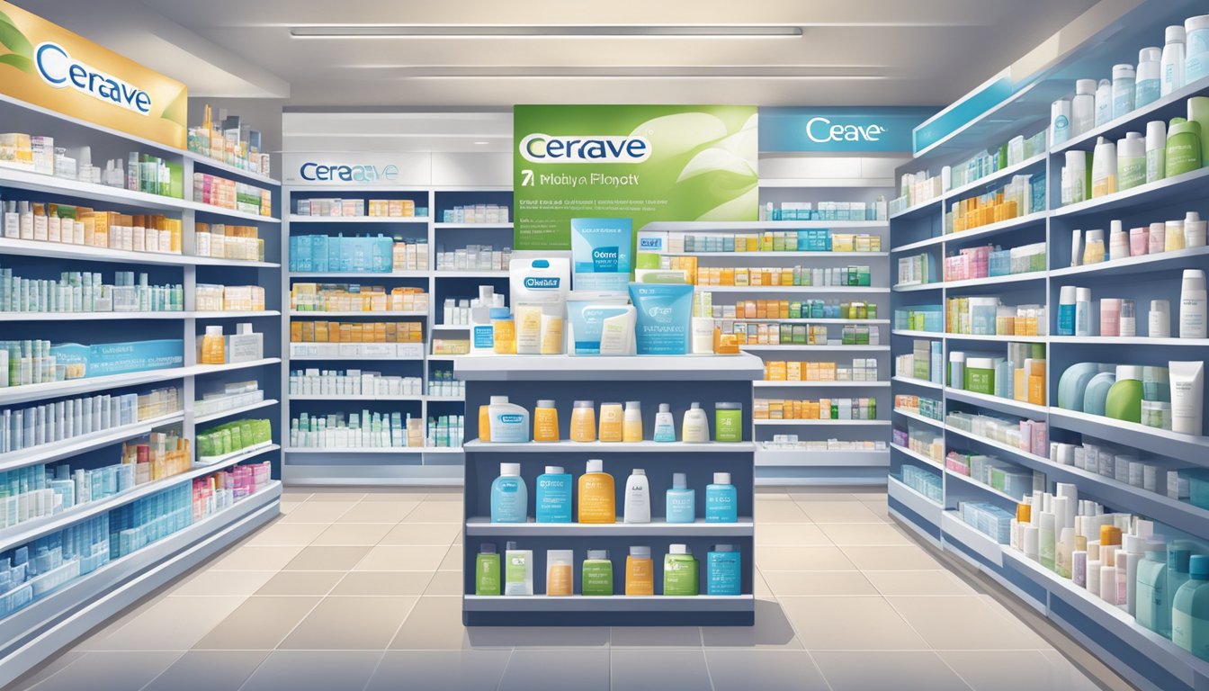 A bustling pharmacy shelf displays various skincare products, including Cerave, in a well-lit store in Singapore