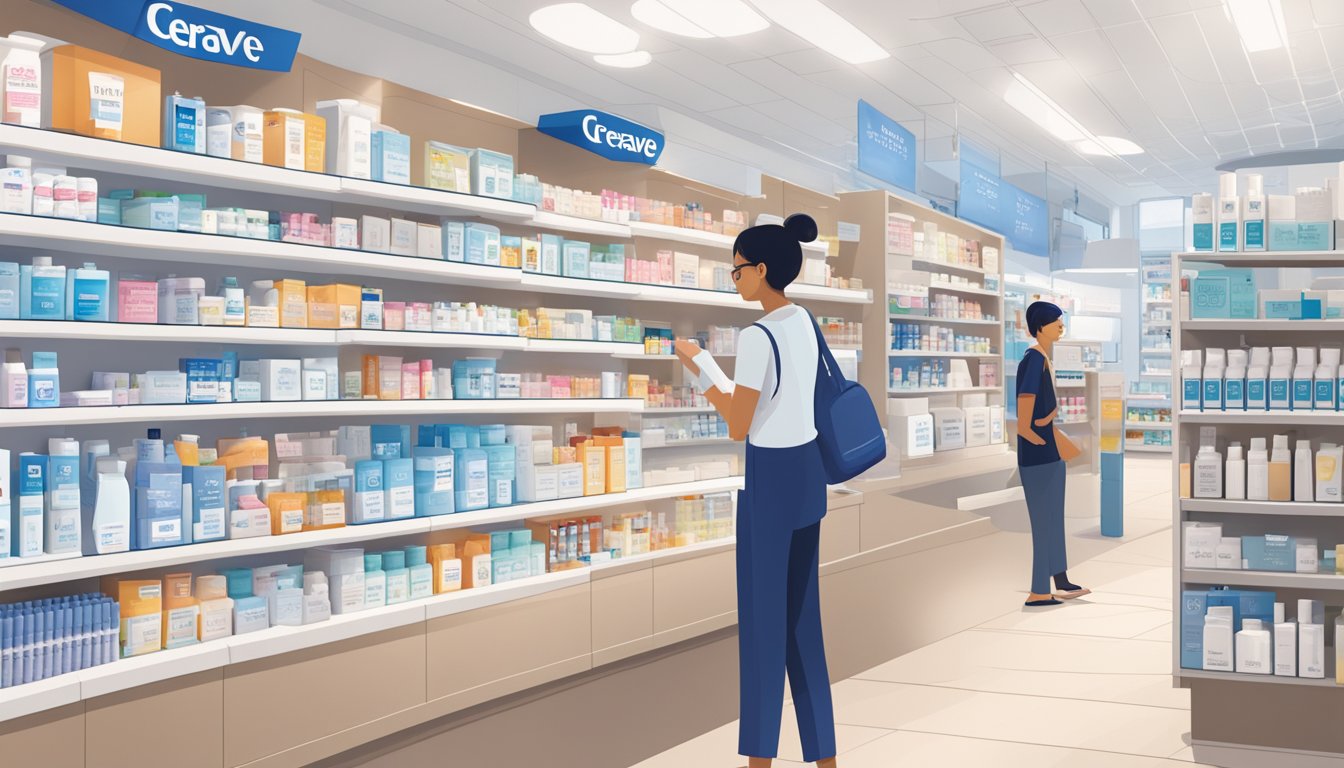 A bustling Singaporean pharmacy display showcases CeraVe skincare products, neatly arranged on shelves with price tags. Shoppers browse the selection, while a helpful sales assistant stands ready to assist