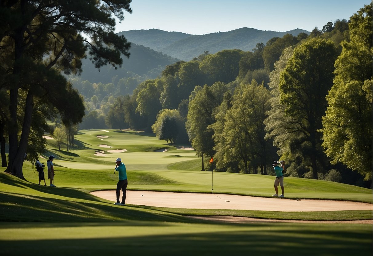 Rolling green hills dotted with lush trees and sparkling water hazards. A family of golfers teeing off under a clear blue sky