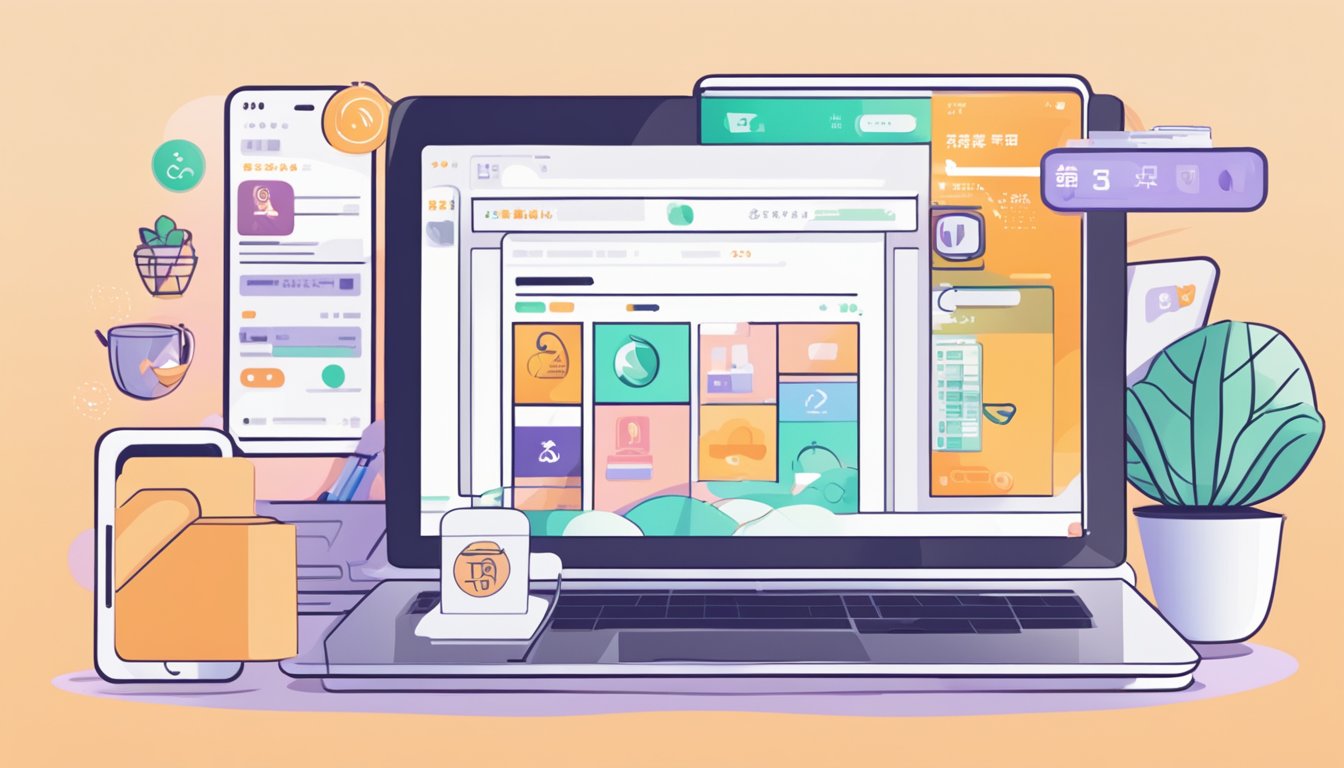 A computer screen displaying the Taobao website with a cursor clicking on the "Sign Up" button. A smartphone with the Taobao app is next to it, showing various products