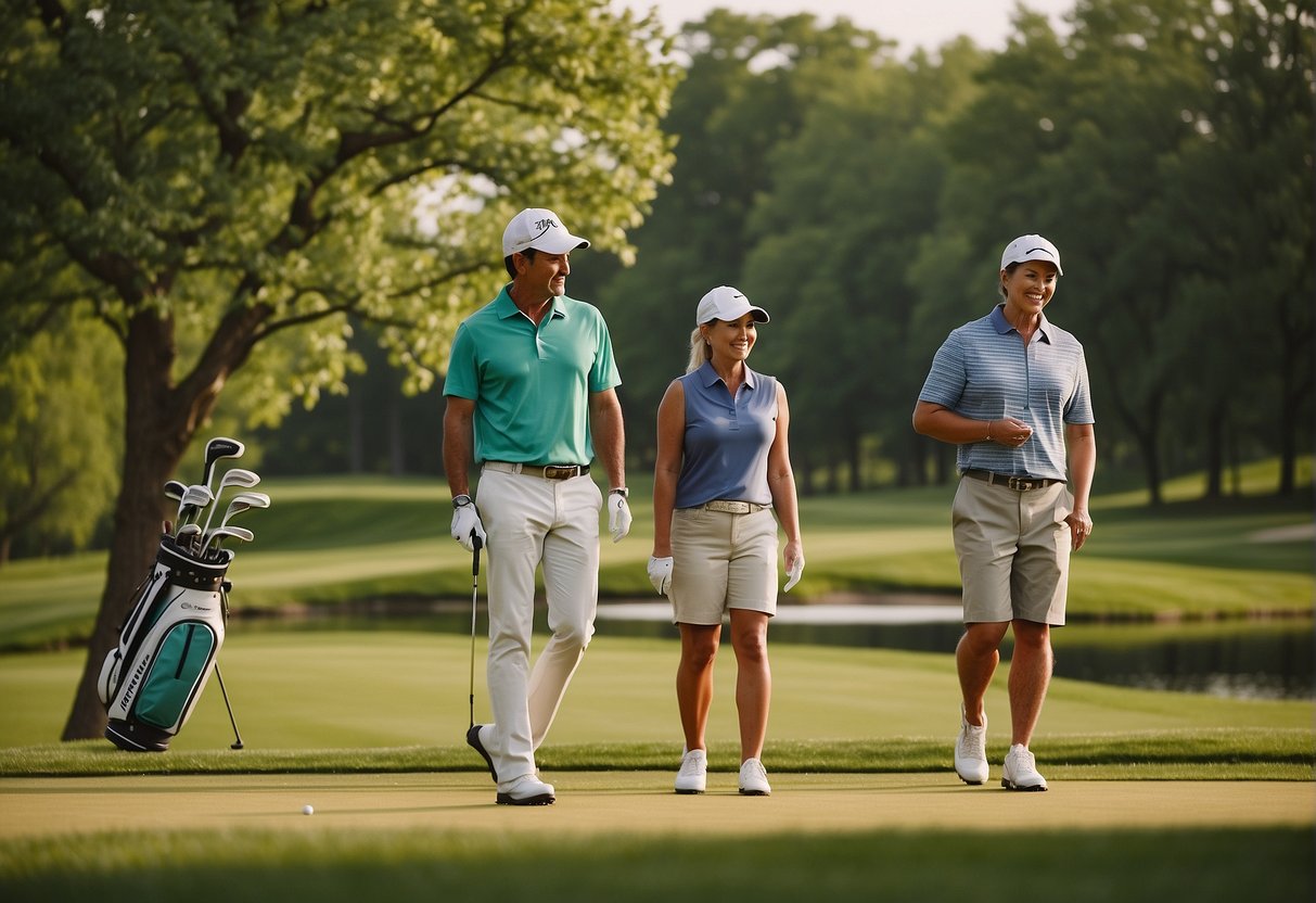 A family of four enjoying a round of golf at a scenic course in Missouri during the spring season. The lush green fairways and blooming trees create a picturesque backdrop for their game