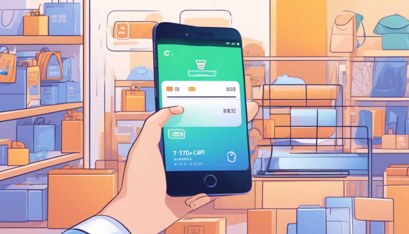 A hand reaches for a smartphone with the Taobao app open, selecting items and adding them to the cart. A credit card is ready for payment