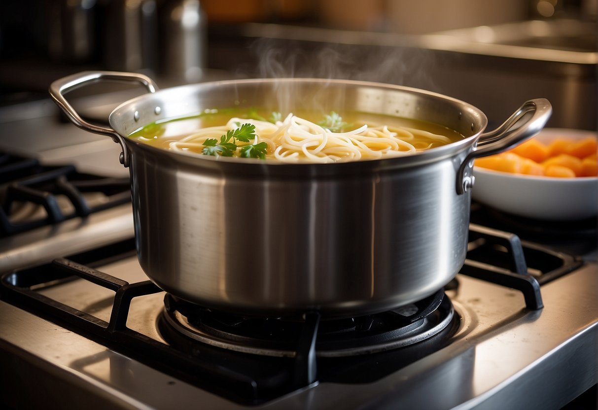 A pot simmers on a stove, filled with clear broth and simple ingredients like noodles, vegetables, and a hint of ginger