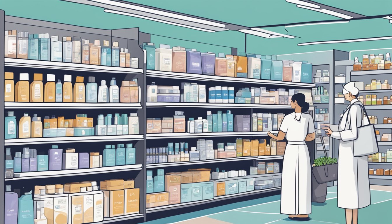 A bustling skincare store in Singapore, shelves lined with Cerave products. Customers browse, while a helpful salesperson assists a curious shopper