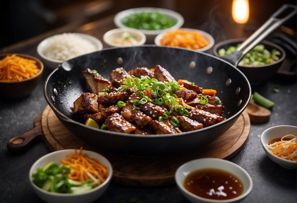 A wok sizzles with marinated spare ribs, soy sauce, and garlic. A sprinkle of green onions adds color to the dish