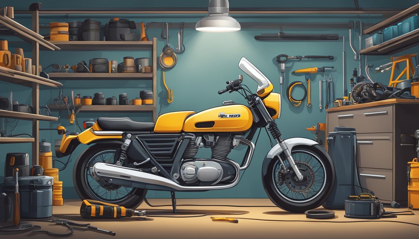A motorbike being serviced by a technician in a workshop with tools and equipment nearby