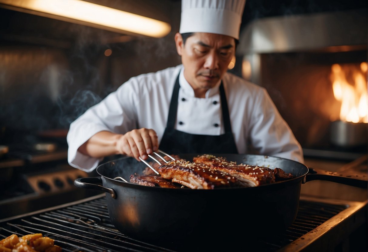 A chef marinates spare ribs in a savory Chinese sauce, then grills them to perfection over a hot flame