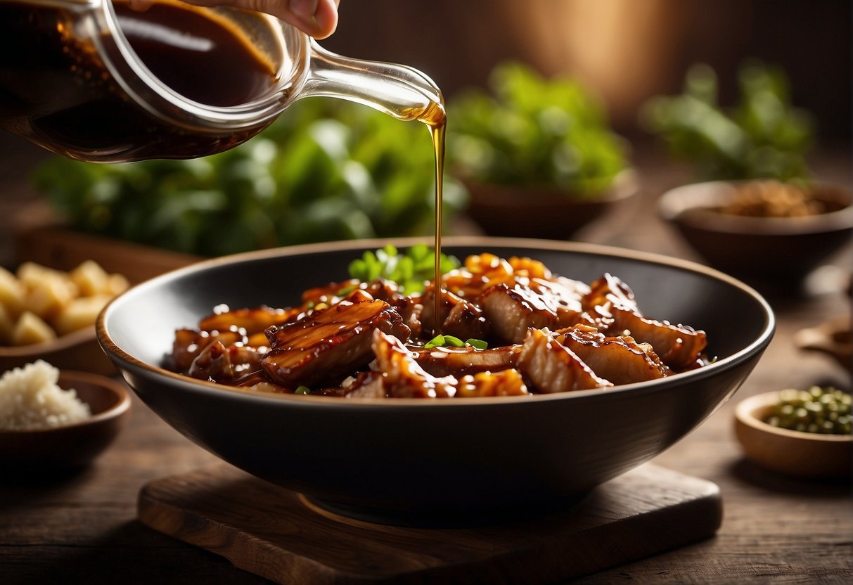 A hand pours soy sauce, hoisin, garlic, ginger, and honey into a bowl. It stirs the marinade for Chinese spare ribs