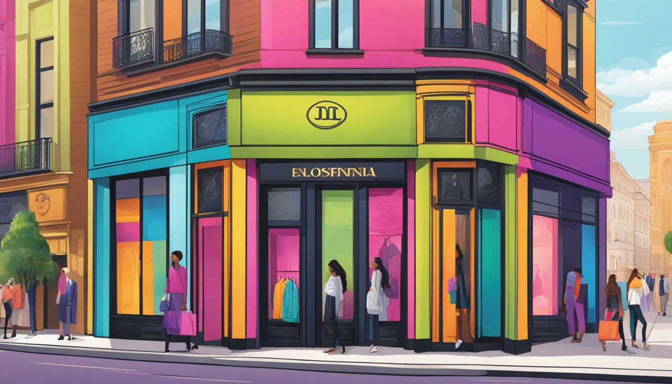 A vibrant storefront displays the global clothing brand's latest collection, featuring bold colors and sleek designs. The logo is prominently featured, and customers browse through racks of stylish garments