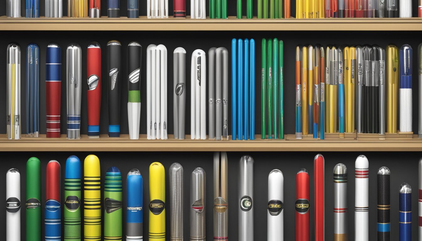 Various golf shaft brands displayed on a store shelf, with different colors, materials, and designs