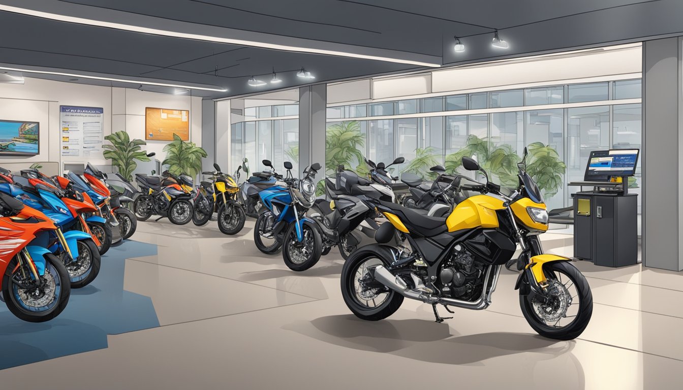 A motorbike showroom with a display of various models, a customer service desk, and a sign that reads "Frequently Asked Questions about buying motorbikes in Singapore."