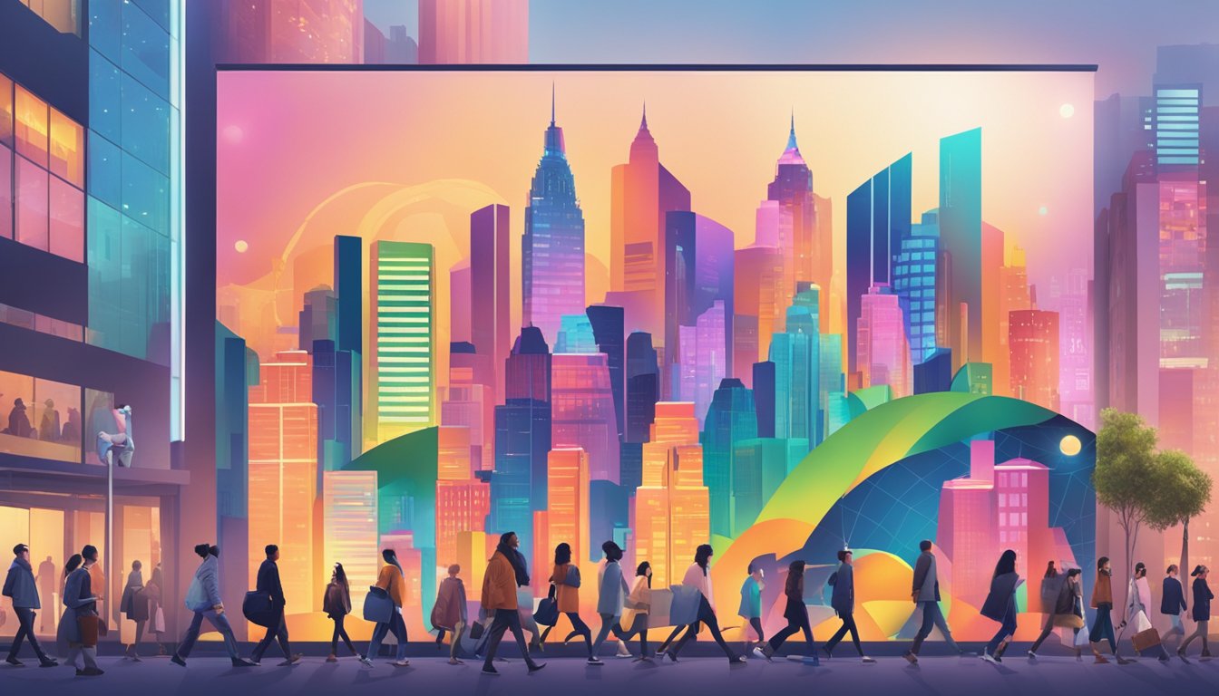 A vibrant city skyline with the iconic logo of the global clothing brand illuminated on a large billboard, while a diverse group of people walk by, showcasing the brand's market impact