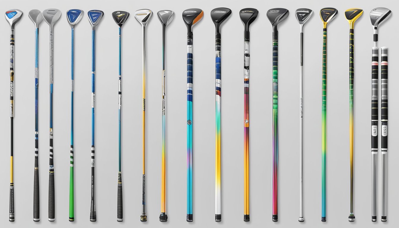 Golf shafts from various brands displayed with different technologies for exploration