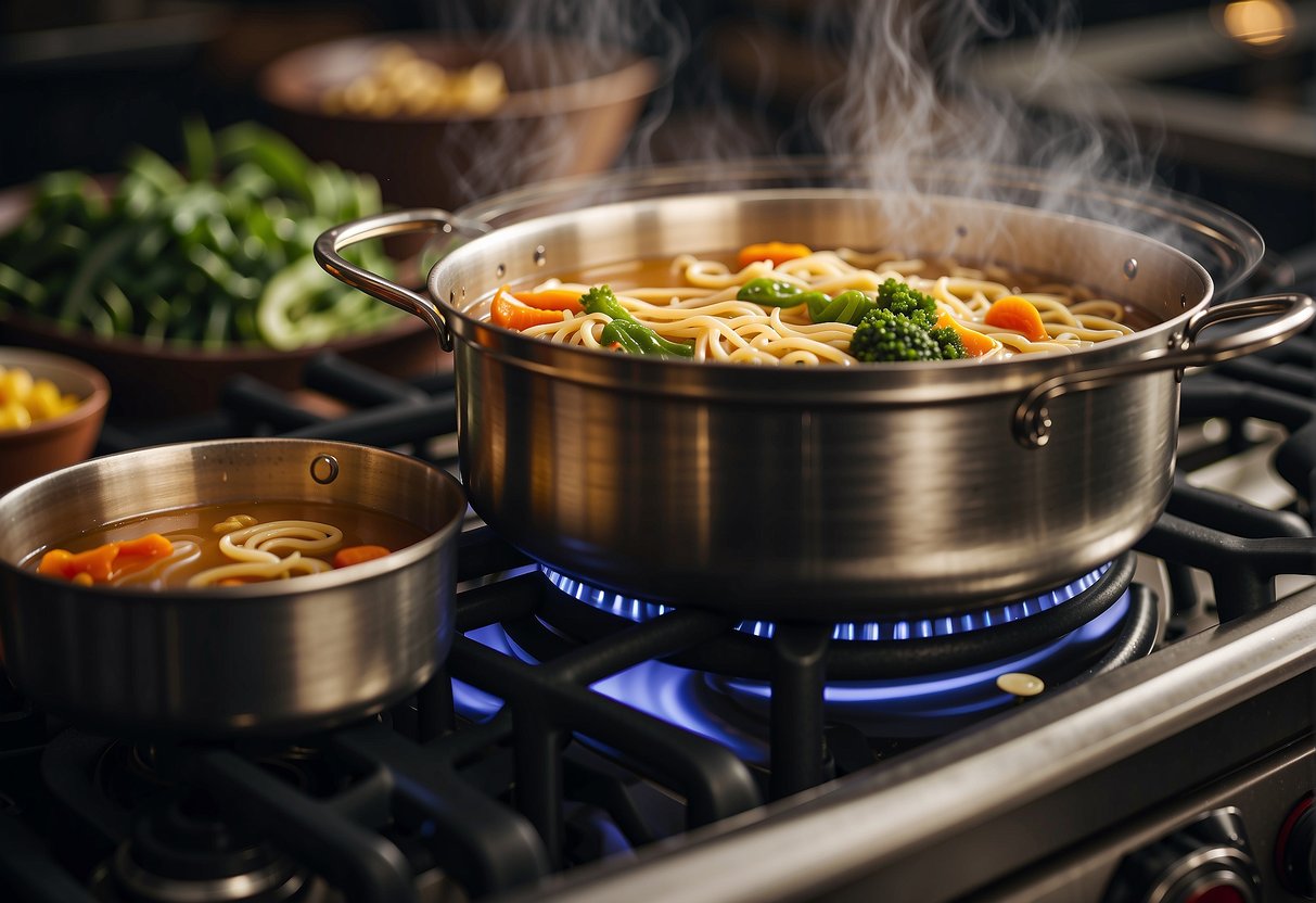 A pot simmering on a stove with simple ingredients like broth, noodles, and vegetables. A pair of chopsticks resting on the edge