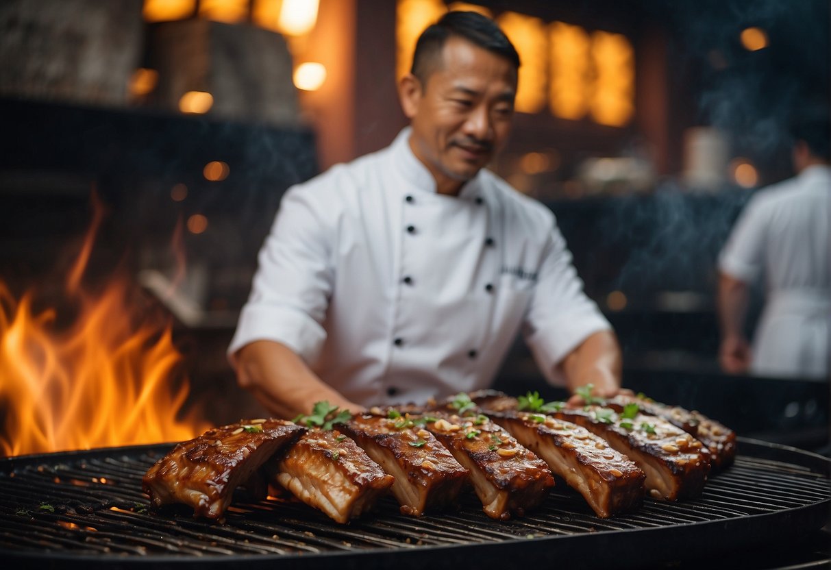 A chef marinates spare ribs in soy sauce, garlic, and ginger. They then grill the ribs until they are caramelized and tender