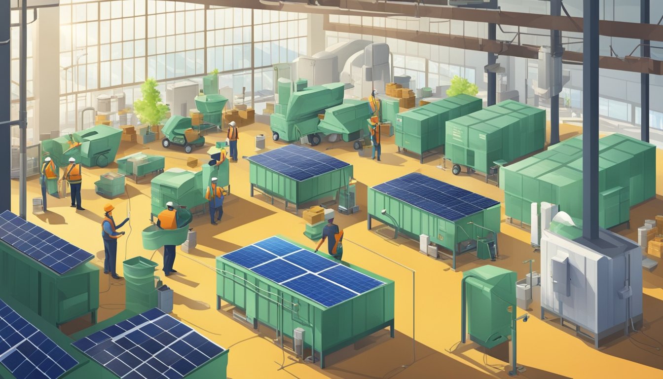 A busy factory with solar panels, recycling bins, and workers using eco-friendly materials