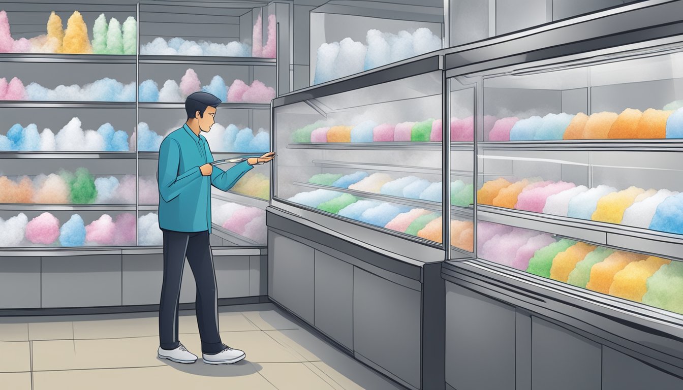 A customer at a local supplier in Singapore, selecting and purchasing dry ice from a display case