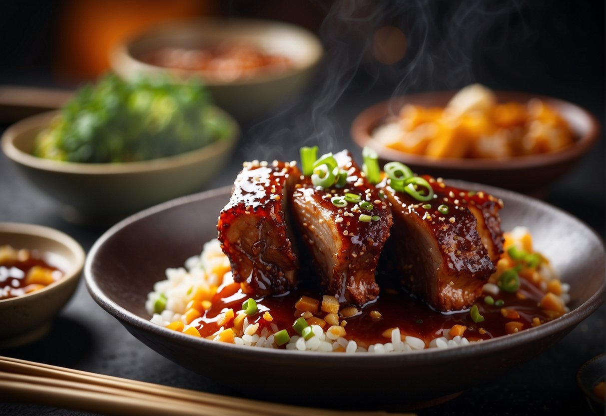 A pair of chopsticks glazing succulent spare ribs with a sticky, sweet Chinese sauce in a sizzling hot wok