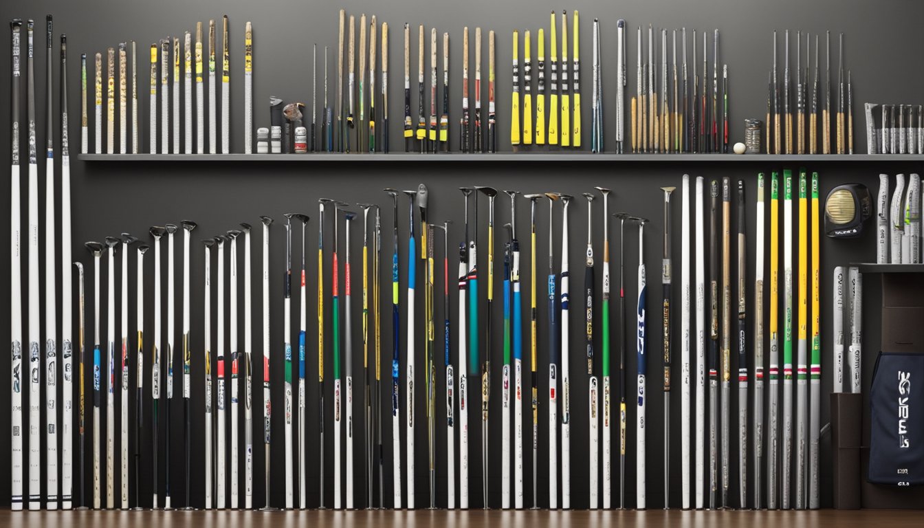 A display of various golf shaft brands arranged neatly on a table with labels and specifications visible for easy comparison