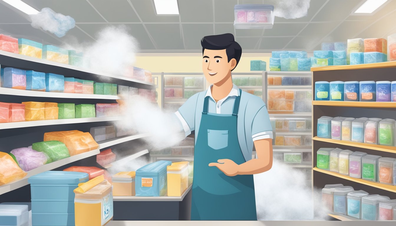 A customer at a store in Singapore asking for dry ice. The store clerk points to a display of dry ice packages