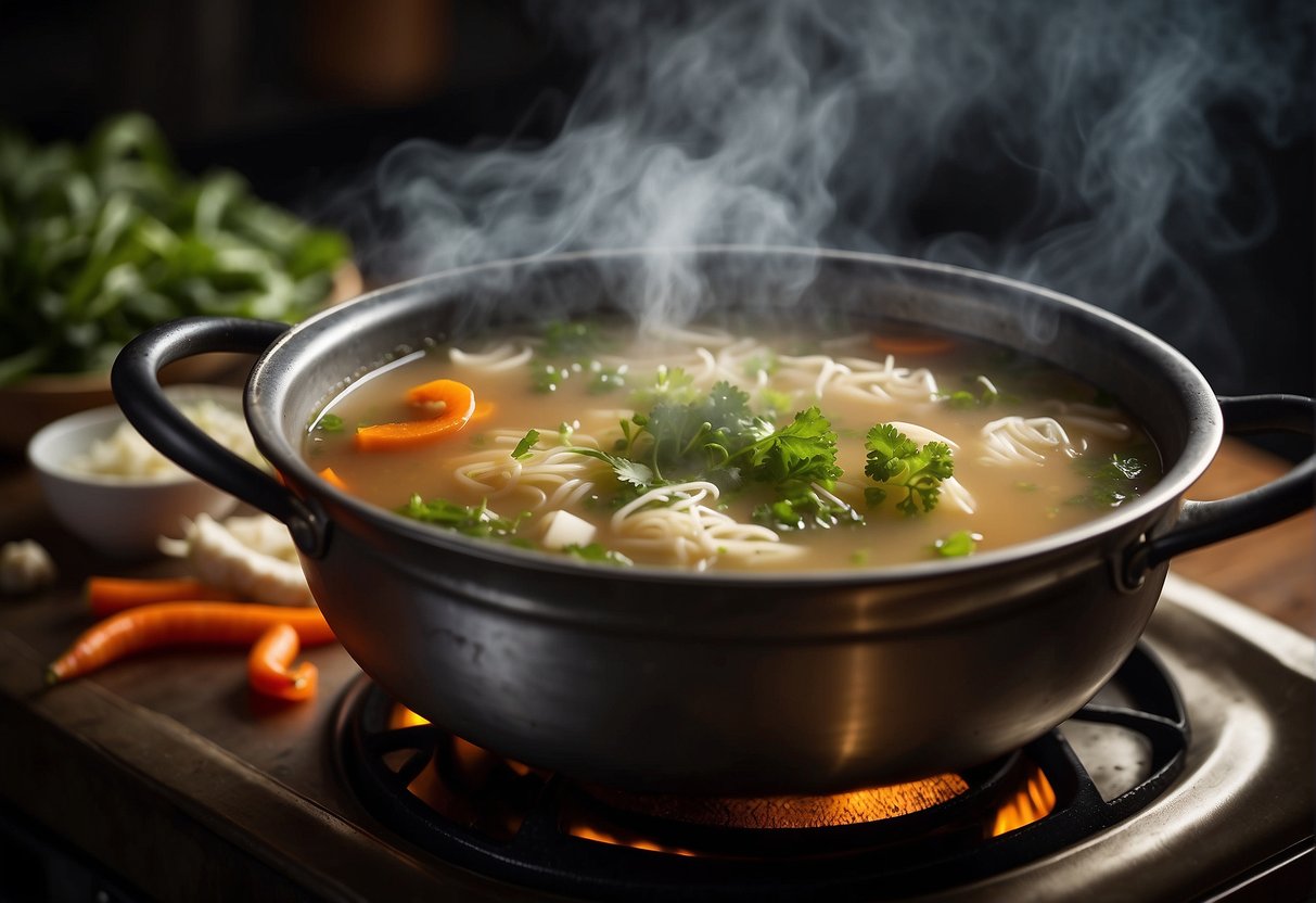 A steaming pot of Chinese soup simmering on a stove, filled with hearty ingredients like tender meat, fresh vegetables, and fragrant herbs