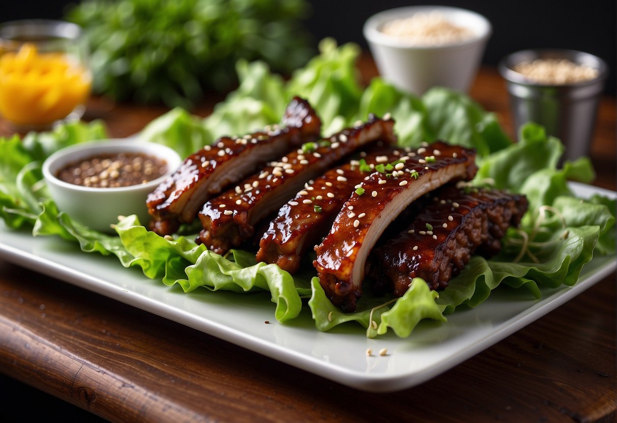 A platter of glazed spare ribs sits on a bed of vibrant green lettuce, garnished with sliced green onions and sesame seeds