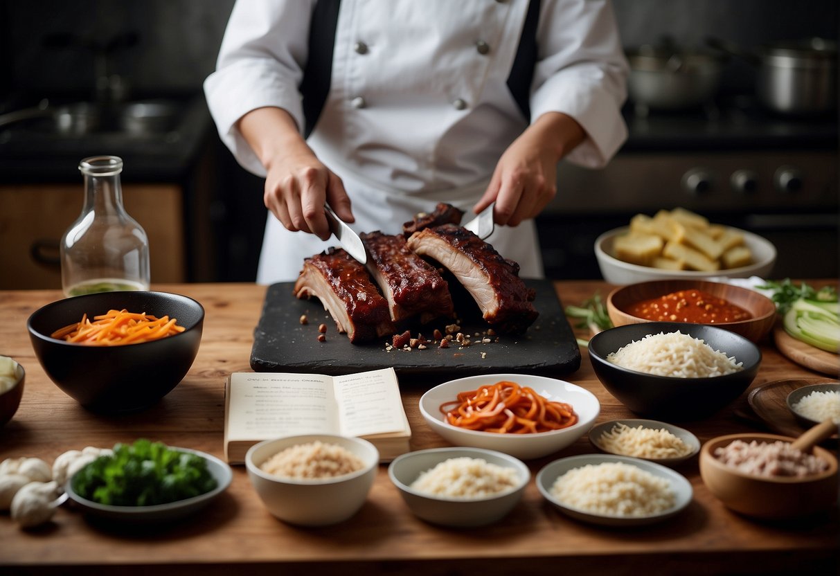 A chef effortlessly prepares Chinese spare ribs, surrounded by ingredients and utensils, with a recipe book open to "Frequently Asked Questions."