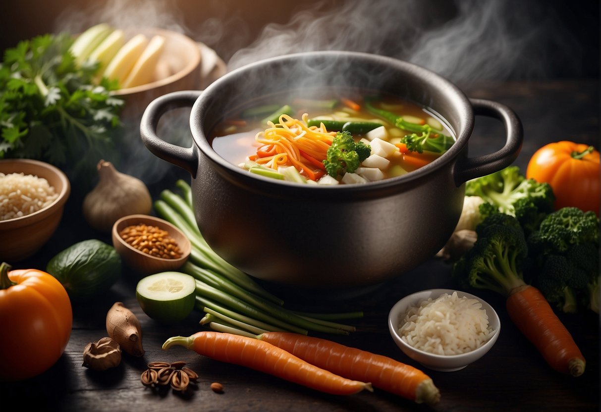 A steaming pot of Chinese soup with simple ingredients, surrounded by various vegetables and spices, ready to be prepared