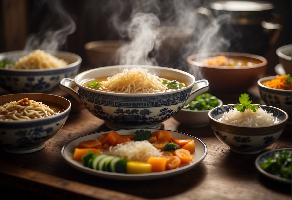 A table adorned with festive decorations showcases a variety of steaming bowls filled with flavorful Chinese soups, each made with a handful of simple ingredients
