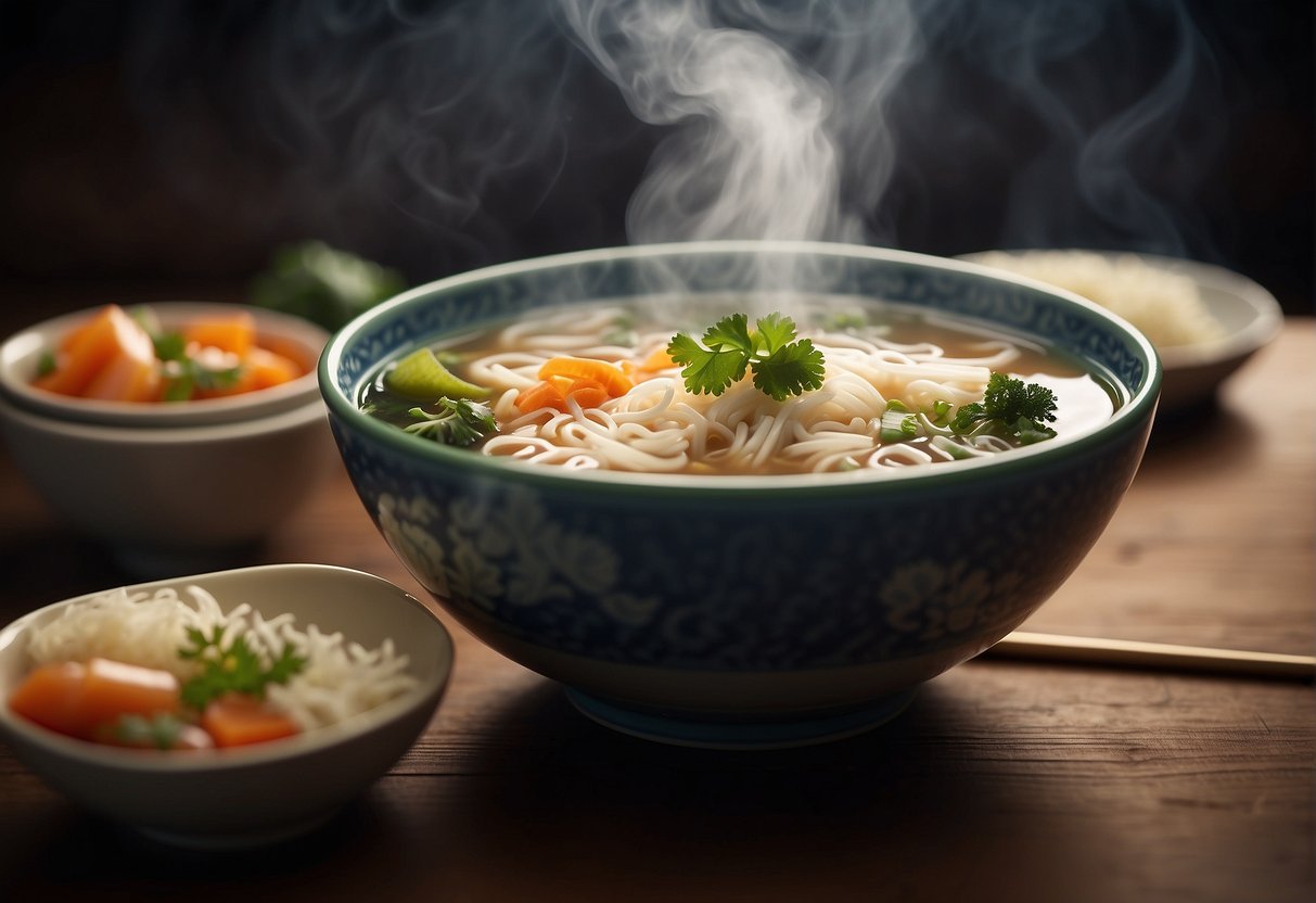 A steaming bowl of Chinese soup with minimal ingredients sits on a table, surrounded by chopsticks and a spoon