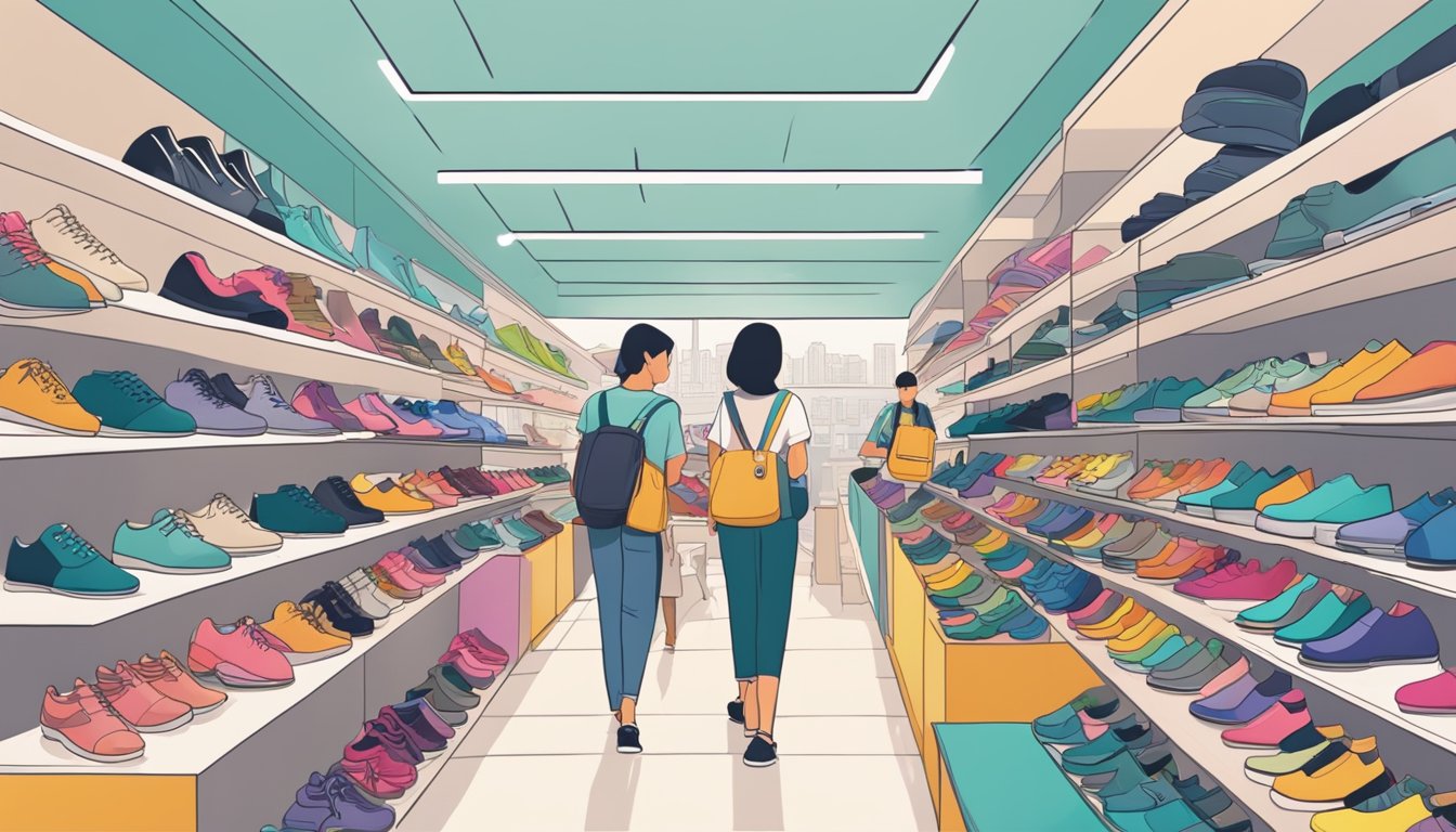 A bustling shoe store in Singapore with colorful displays and rows of shelves filled with various styles and sizes. Customers browsing and trying on shoes while sales staff assist