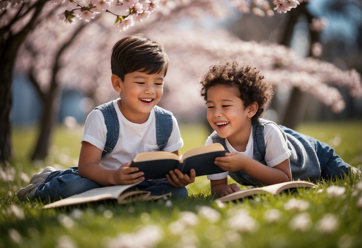 Children laughing and reading under a blooming cherry blossom tree with colorful books scattered around them
