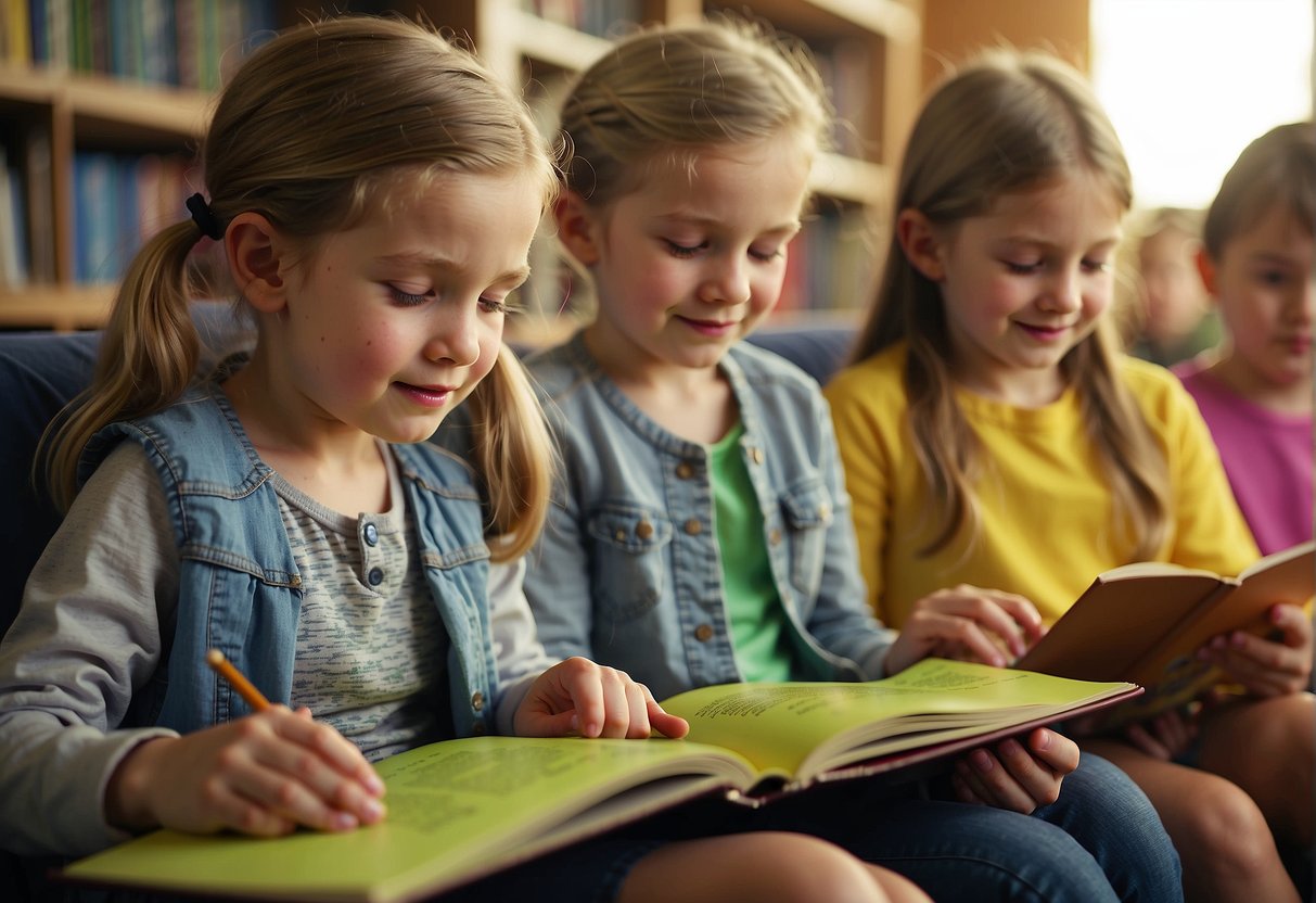 Children eagerly participate in Missouri's Spring Break Reading Programs, surrounded by colorful books and engaging activities. The atmosphere is lively and educational, with kids of all ages immersed in the joy of reading