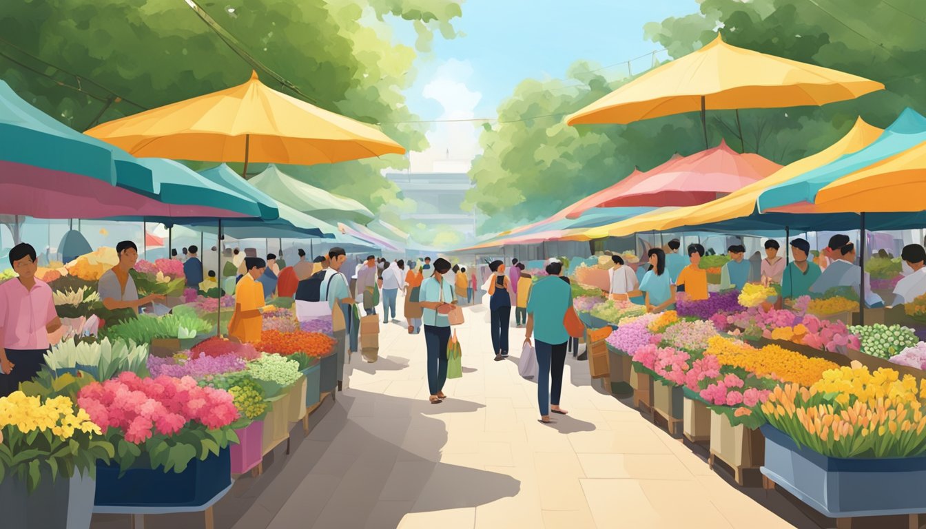 A bustling flower market in Singapore, with colorful blooms arranged in neat rows under a canopy of vibrant umbrellas. Customers browse and purchase from various vendors